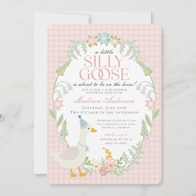 Invitation Baby shower Floral En vichy d'oie soie rose (Devant)