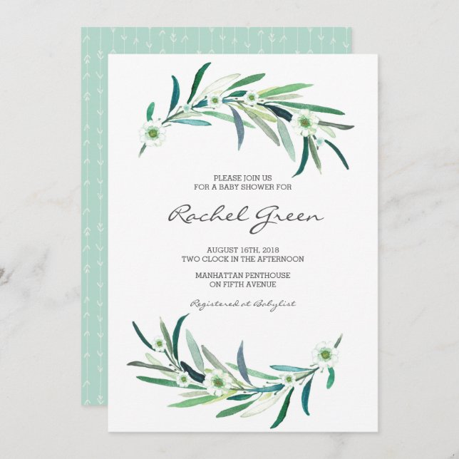 Invitation Baby shower floral Eucalyptus (Devant / Derrière)