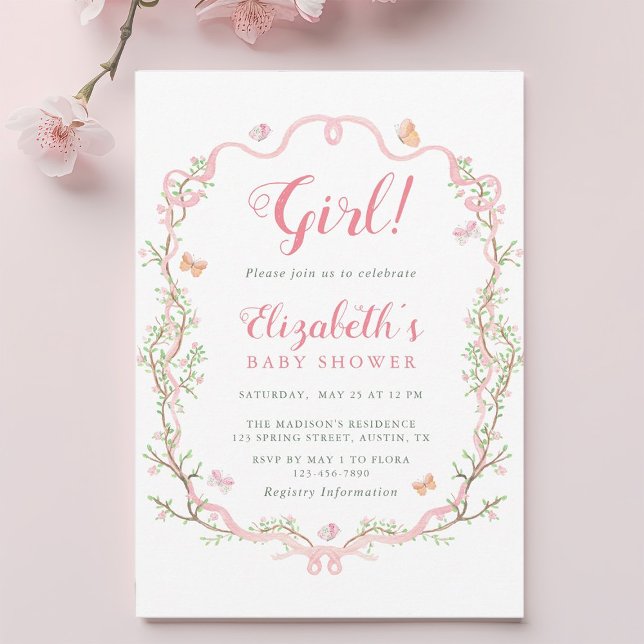 Invitation Baby shower Floral Fille Fleur Rose Vive (Créateur téléchargé)