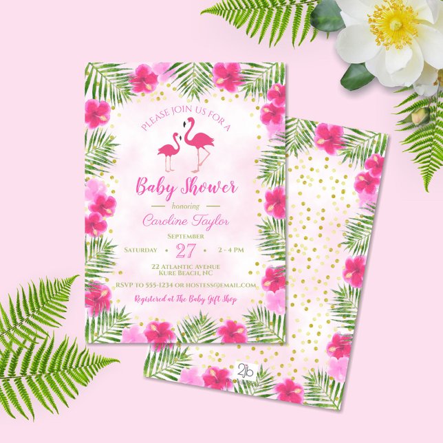 Invitation Baby Shower Floral Flamant Rose Or Tropical Pink (Créateur téléchargé)