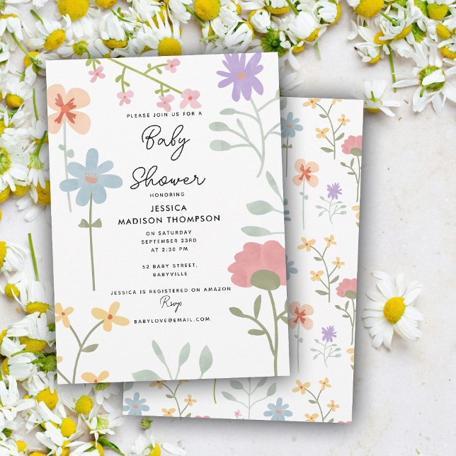 Invitation Baby shower Floral Fleur sauvage aquarelle (Watercolor Wildflowers Floral Baby Shower Invitation)