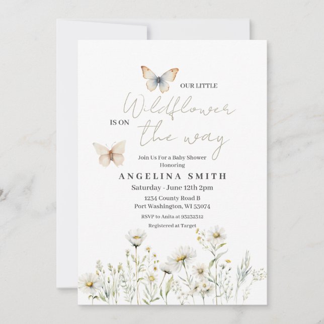 Invitation Baby shower Floral Fleur sauvage blanc (Devant)