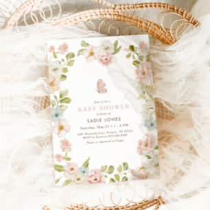 Invitation Baby shower Floral Fleur sauvage rose filles