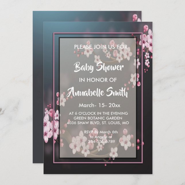 Invitation Baby shower floral géométrique en fleurs de cerisi (Devant / Derrière)