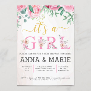 Invitation Baby shower Floral Girl Gold rose