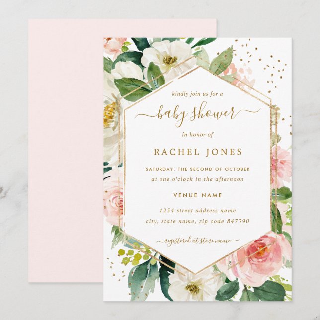 Invitation Baby Shower Floral Gold Rosé Moderne (Devant / Derrière)