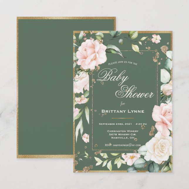 Invitation Baby shower Floral Gold Watercolor (Devant / Derrière)