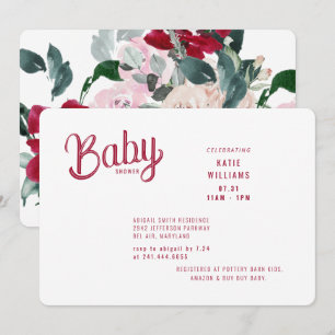 Invitation Baby shower floral gras rouge et rose