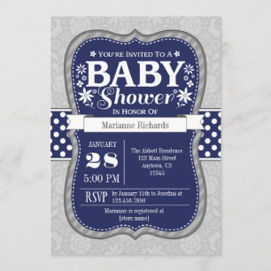 Invitation Baby shower floral gris bleu marine