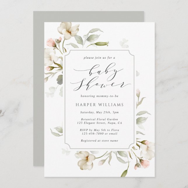 Invitation Baby shower floral gris gris gris gris blanc neutr (Devant / Derrière)
