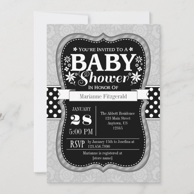 Invitation Baby shower floral gris noir (Devant)