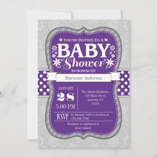 Invitation Baby shower Floral Gris Violet (Devant)