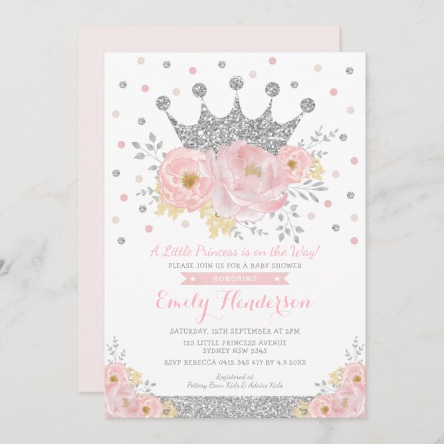 Invitation Baby shower Floral Inv. princesse Couronne argenté (Devant / Derrière)