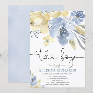 Invitation Baby shower floral jaune bleu poussiéreux de