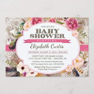 Invitation Baby shower Floral & Lace Boho Rose d'aquarelle
