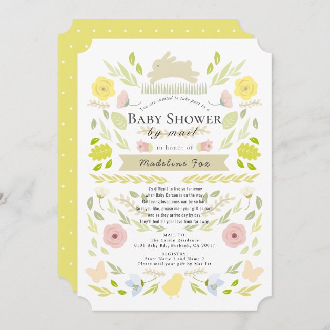 Invitation Baby shower floral lapin jaune fille par courrier (Devant / Derrière)