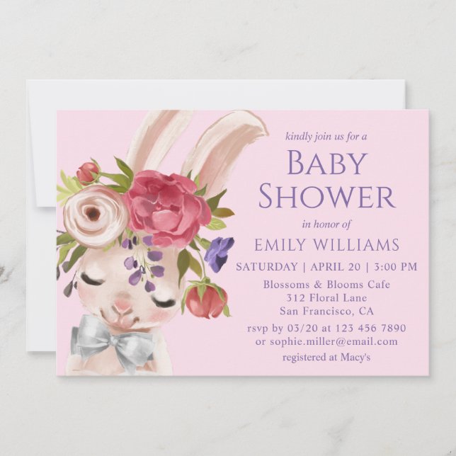 Invitation Baby shower Floral Lapin Lapin Mignonne Moderne (Devant)