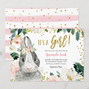 Invitation Baby shower floral lapin rose et or