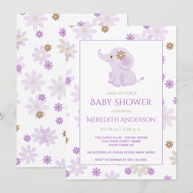 Invitation Baby shower floral Lavender Baby Elephant | (Devant / Derrière)