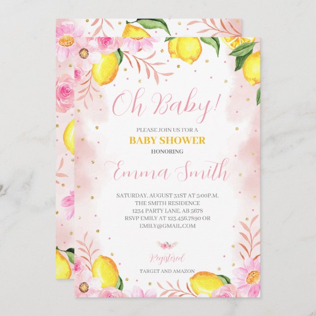 Invitation Baby shower Floral Lemonade (Devant / Derrière)