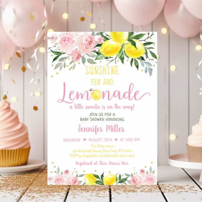 Invitation Baby shower Floral Lémonade Sunshine Rose or (Créateur téléchargé)