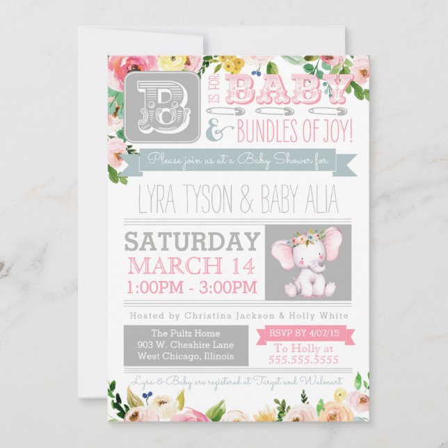 Invitation Baby shower floral Little Elephant (Devant)
