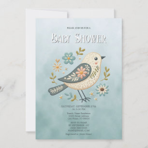 Invitation Baby shower Floral Little Green Bird
