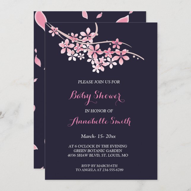 Invitation Baby shower floral marine rose cerise en fleurs (Devant / Derrière)