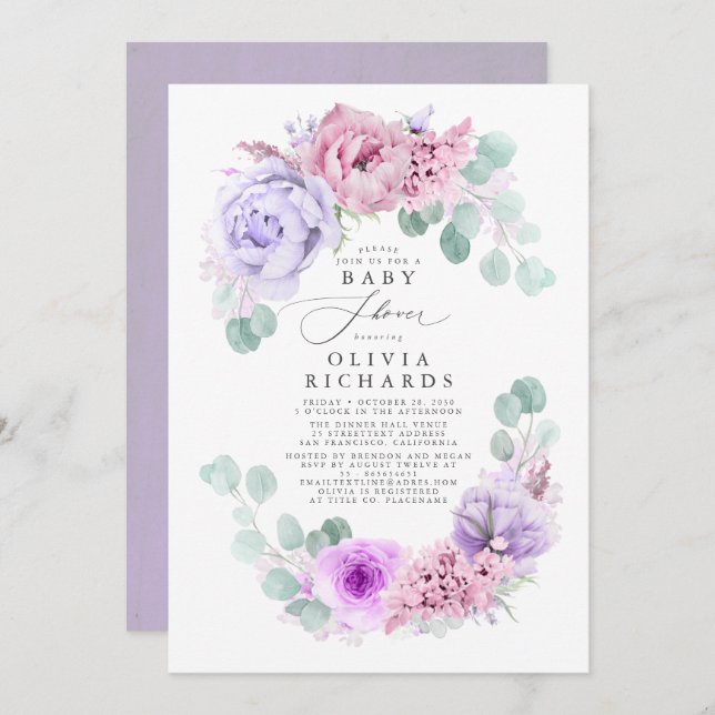 Invitation Baby shower floral mauve et rose doux pastel (Devant / Derrière)