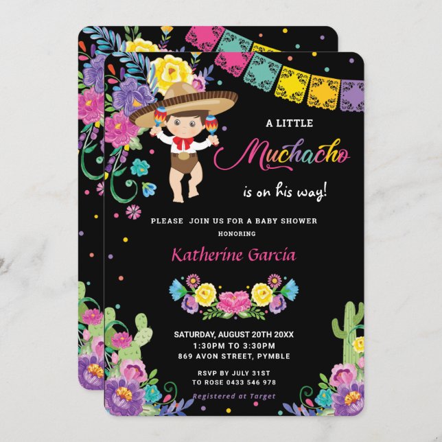 Invitation Baby shower Floral Mexicain Petit Muchacho Boy  (Devant / Derrière)