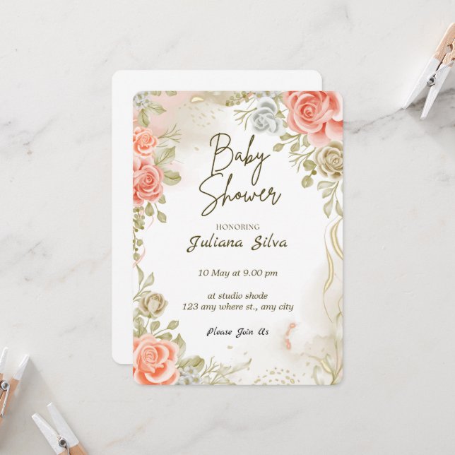 Invitation Baby shower floral mignonne (Devant/Arrière en situation)