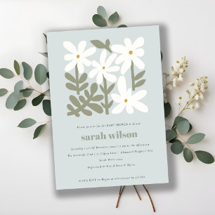 Invitation Baby Shower Floral Minimal Rétro Bleu Poussiéreux 