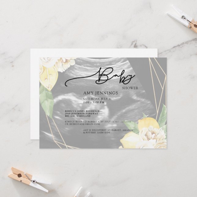 Invitation Baby shower floral moderne Faded Ultrasound (Devant/Arrière en situation)