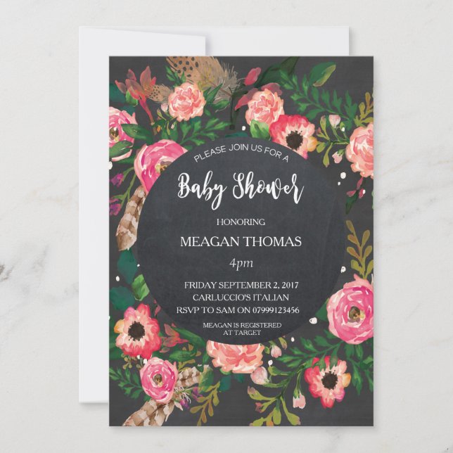 Invitation Baby shower floral moderne plumes de tableau noir (Devant)