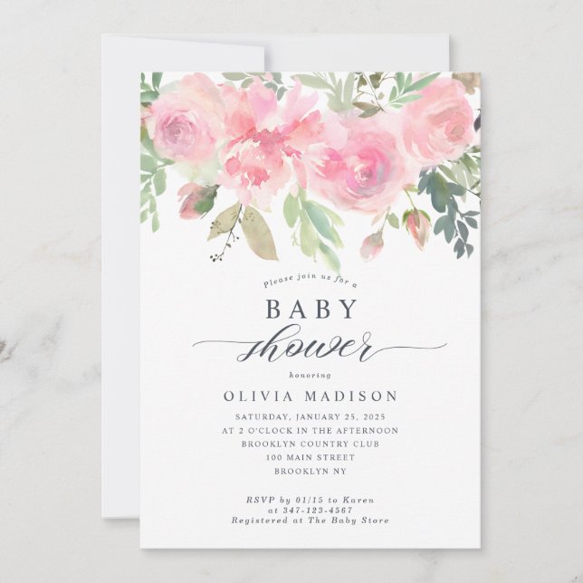 Invitation Baby shower Floral moderne rose rose pâle (Devant)