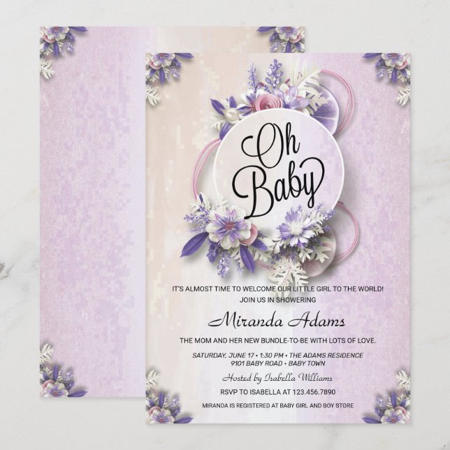 Invitation Baby shower floral moderne violet (Devant / Derrière)