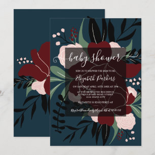 Invitation Baby shower floral modifiable bleu marine d'hiver