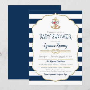 Invitation Baby shower floral nautique de bleu marine d'Ancre