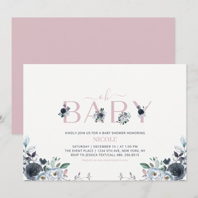 Invitation Baby shower floral Navy & Pink Boho (Devant / Derrière)