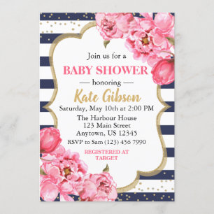 Invitation Baby shower floral Navy & Pink Peony