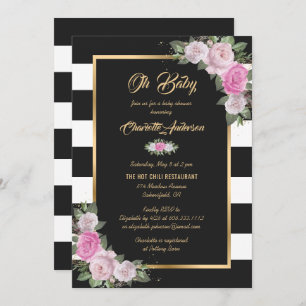 Invitation Baby shower floral noir blanc noir rose