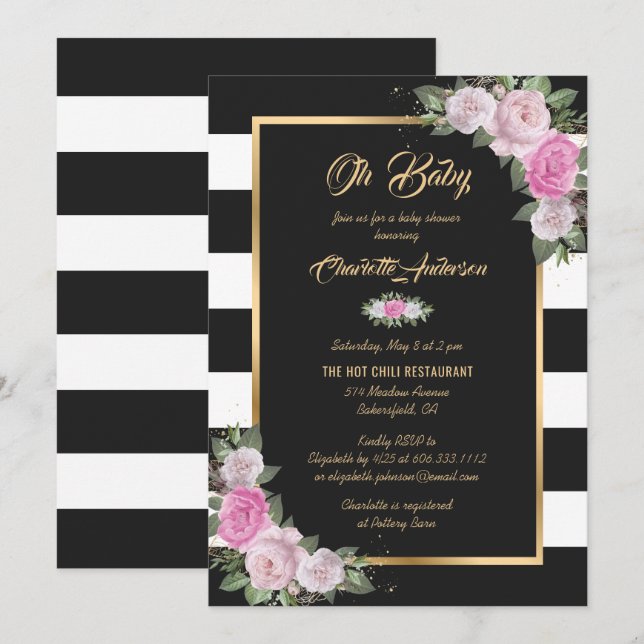 Invitation Baby shower floral noir blanc or rose (Devant / Derrière)