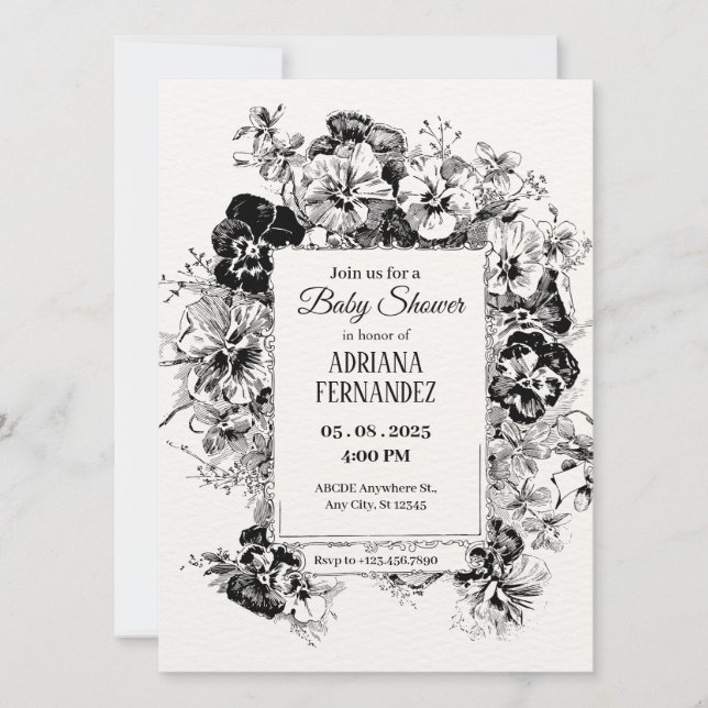 Invitation baby shower floral noir et blanc (Devant)