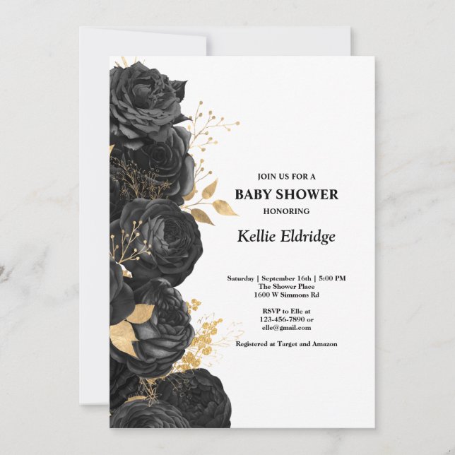 Invitation Baby shower Floral Noir Et Or (Devant)