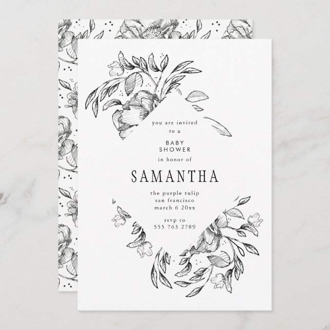 Invitation Baby shower floral noir romantique (Devant / Derrière)