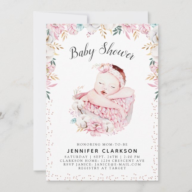 Invitation Baby shower floral nouveau-né (Devant)