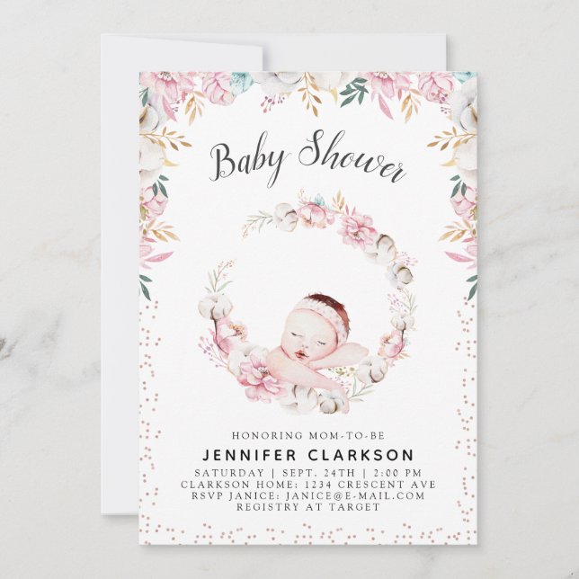 Invitation Baby shower floral nouveau-né (Devant)