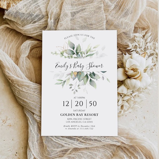 Invitation Baby shower Floral Or Eucalyptus (Créateur téléchargé)