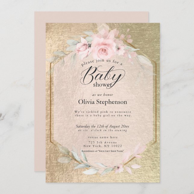 Invitation Baby shower floral or Rose Blush (Devant / Derrière)