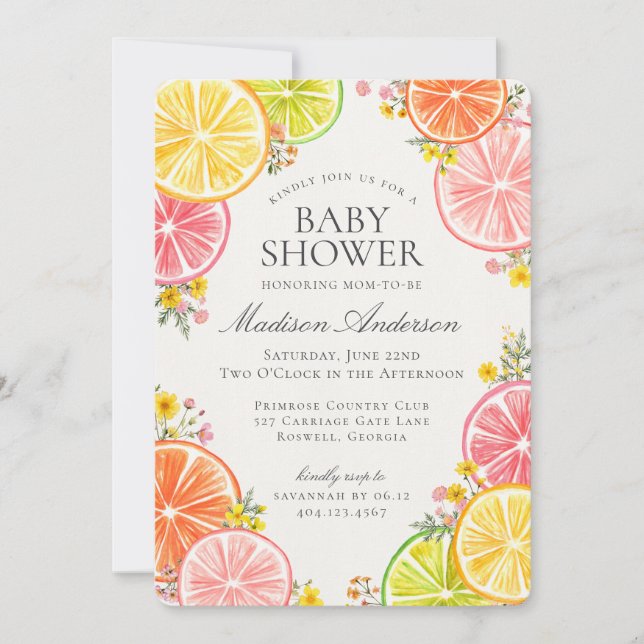 Invitation Baby shower floral orange de Little Cutie Citrus (Devant)